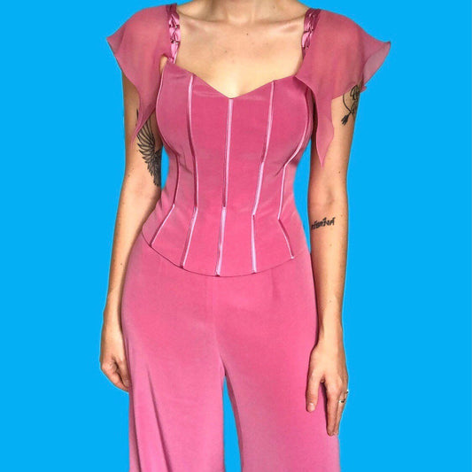 Beautiful vintage pink 2 piece corset/trouser suit set UK 14