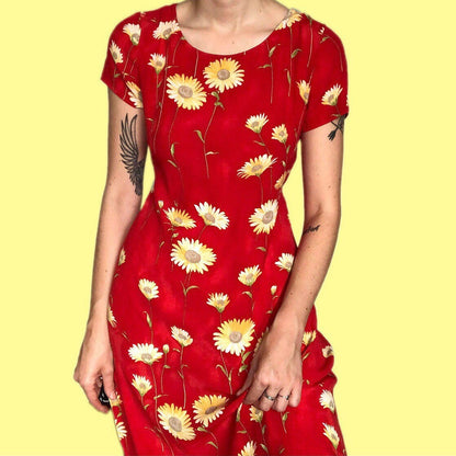 Stunning vintage red floral short sleeve midi dress UK M