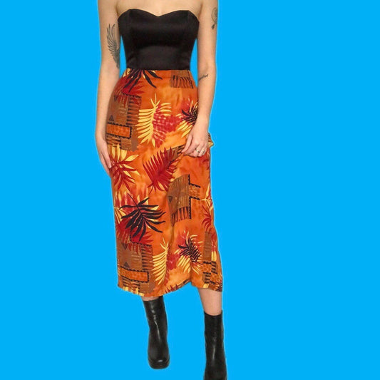 Cute vintage leafy print orange midi skirt UK 14