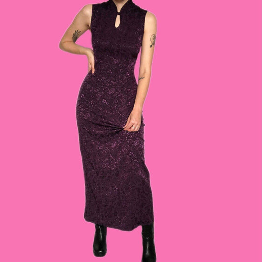 Stunning vintage purple floral cheongsam style maxi dress UK 12