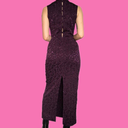 Stunning vintage purple floral cheongsam style maxi dress UK 12