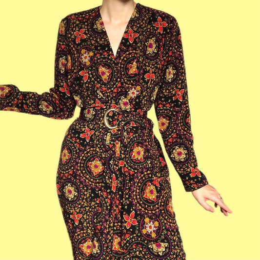 Beautiful vintage funky print long sleeve midi dress with belt UK 14