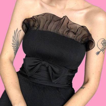 Beautiful vintage black pleated puffy strapless evening dress UK 12