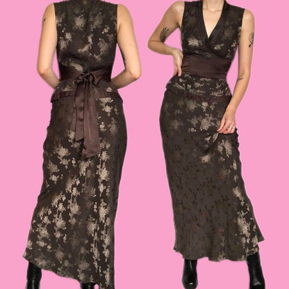 Beautiful vintage silk blend grey floral 2 piece top/skirt set UK 10