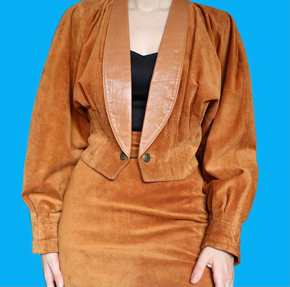 Stunning one of a kind vintage real suede 2 piece jacket/skirt suit set UK 8