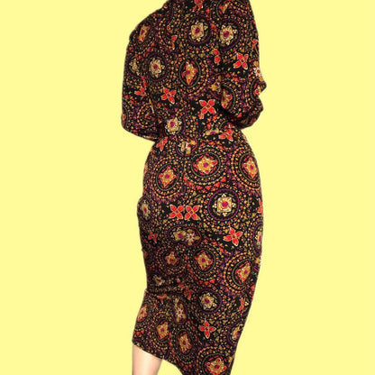 Beautiful vintage funky print long sleeve midi dress with belt UK 14