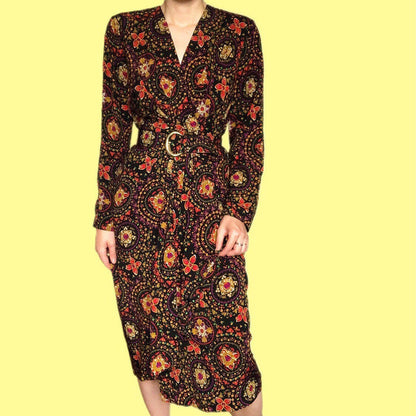 Beautiful vintage funky print long sleeve midi dress with belt UK 14