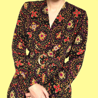 Beautiful vintage funky print long sleeve midi dress with belt UK 14