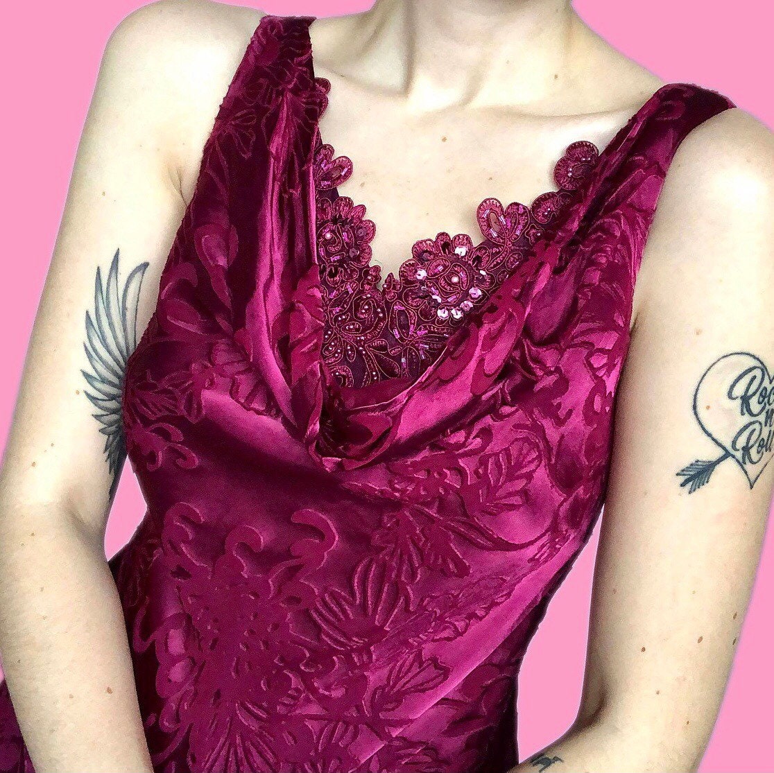 Beautiful vintage Laura Ashley silk blend raspberry floral slip evening dress UK 12