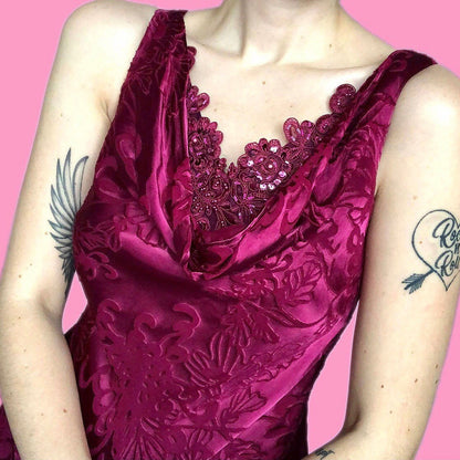 Beautiful vintage Laura Ashley silk blend raspberry floral slip evening dress UK 12