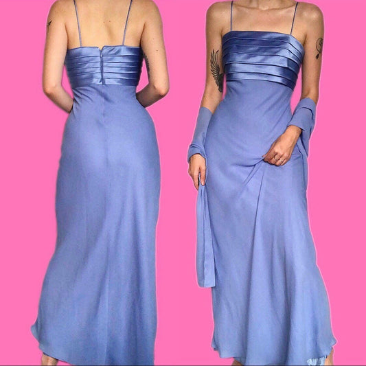 Stunning vintage cornflower blue evening prom dress with matching shawl/scarf UK 10