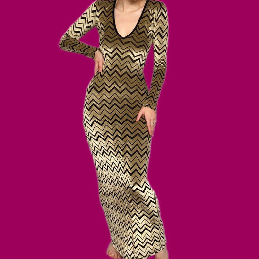 Stunning Nick Coleman gold velvet body-con long sleeve maxi dress UK XS/S