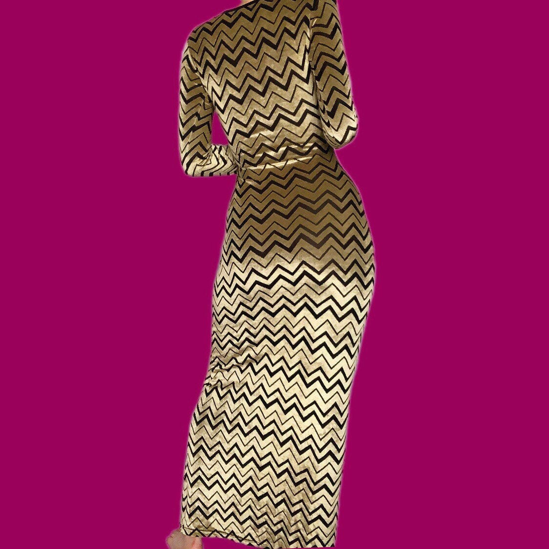 Stunning Nick Coleman gold velvet body-con long sleeve maxi dress UK XS/S