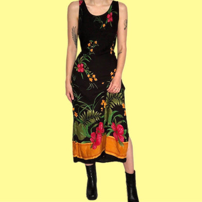 Beautiful vintage black floral print summer maxi dress UK L