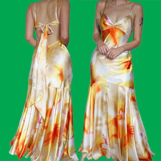 Beautiful silky colourful print fishtail evening prom dress UK 10