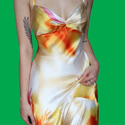 Beautiful silky colourful print fishtail evening prom dress UK 10