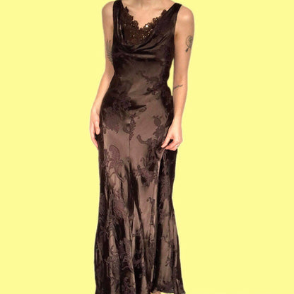 Stunning vintage Laura Ashley brown floral silk blend slip evening dress UK 12
