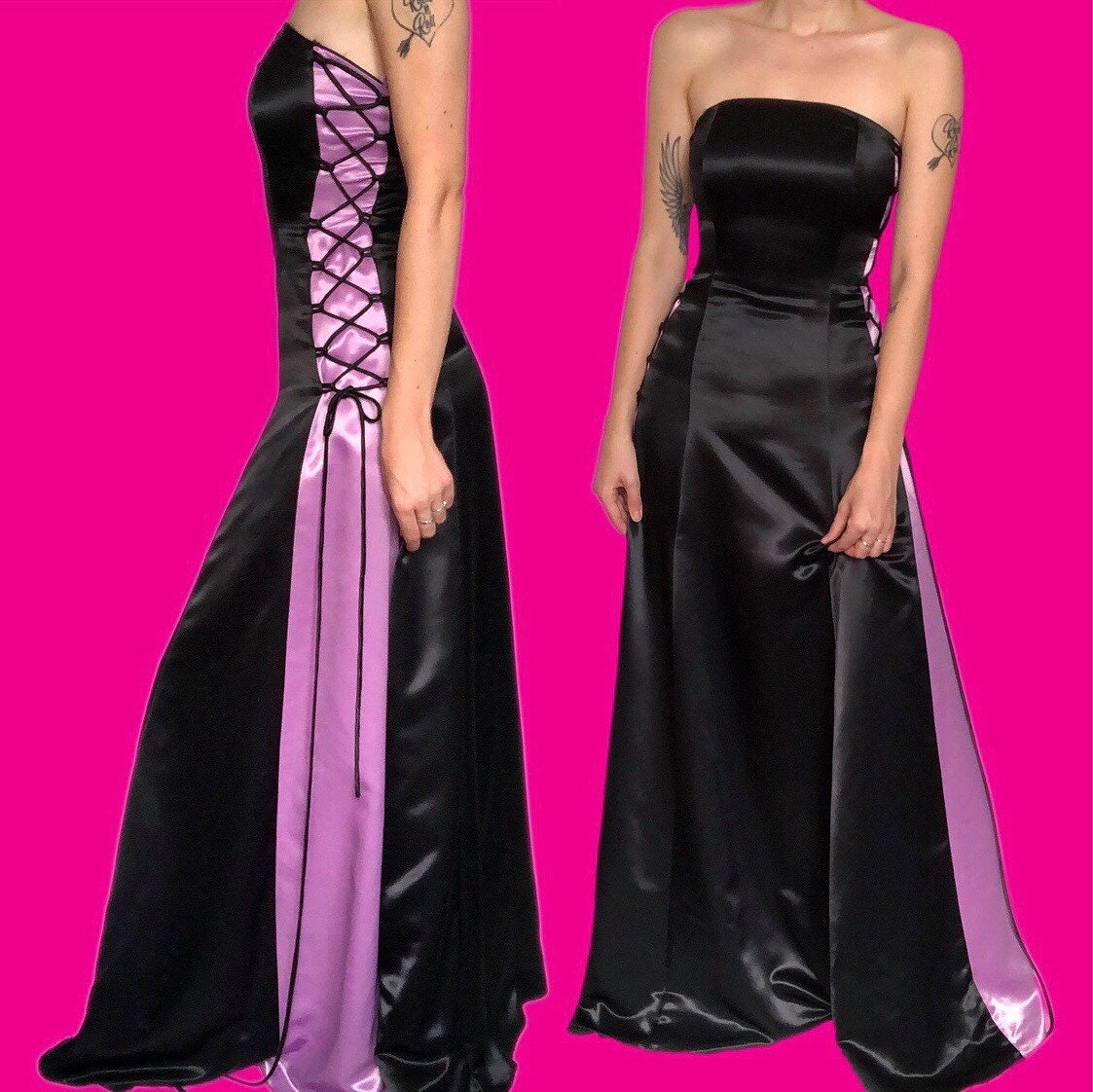 Beautiful vintage silky black strapless lace up evening prom dress UK S