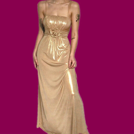 Beautiful vintage silky gold stretch evening slip prom dress UK 10