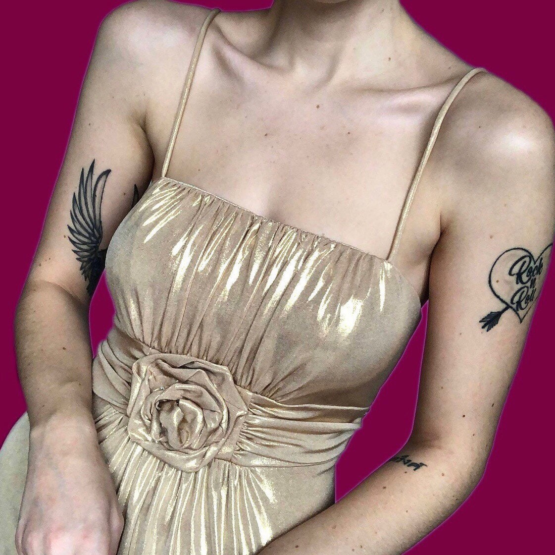 Beautiful vintage silky gold stretch evening slip prom dress UK 10