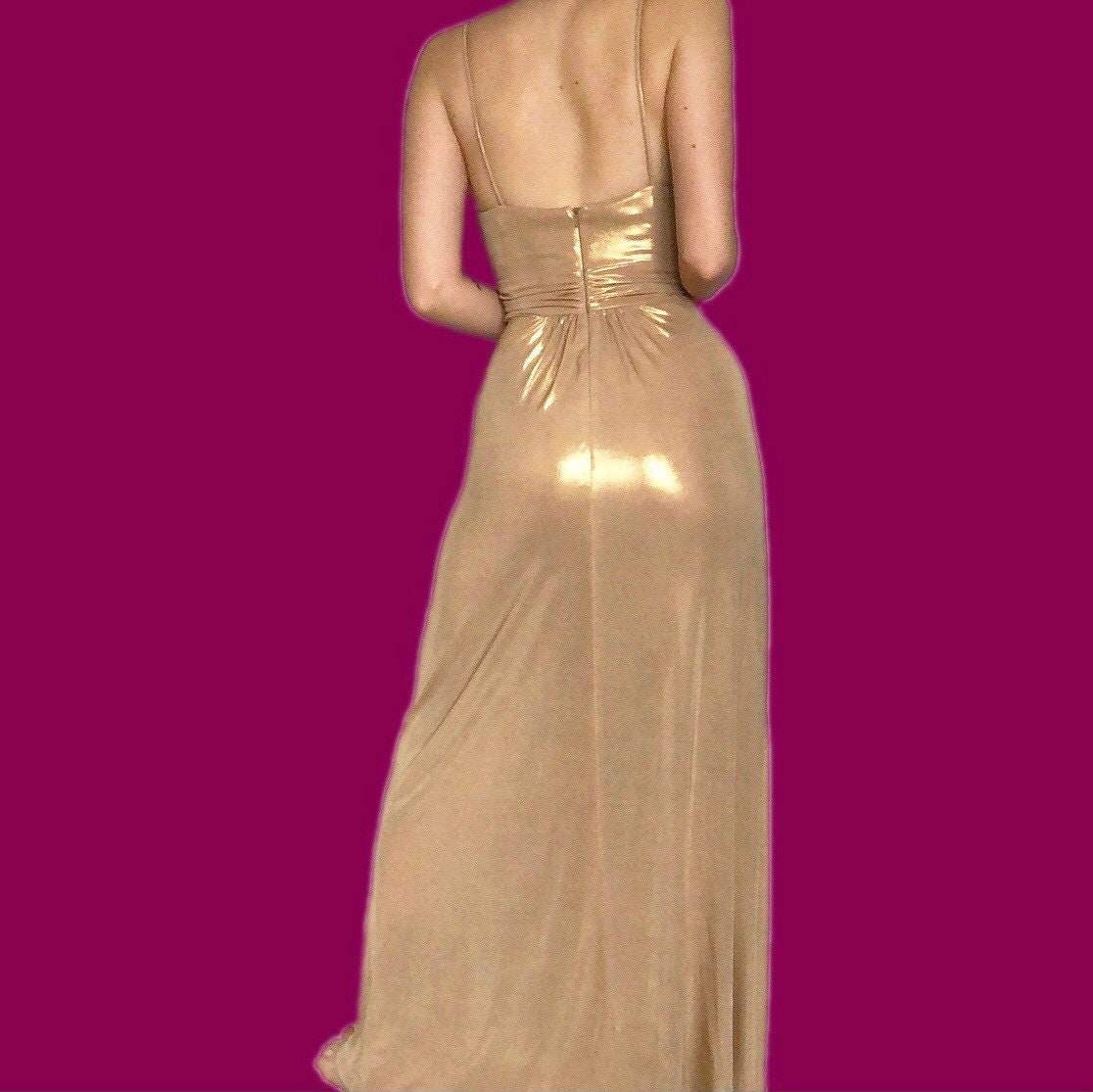 Beautiful vintage silky gold stretch evening slip prom dress UK 10