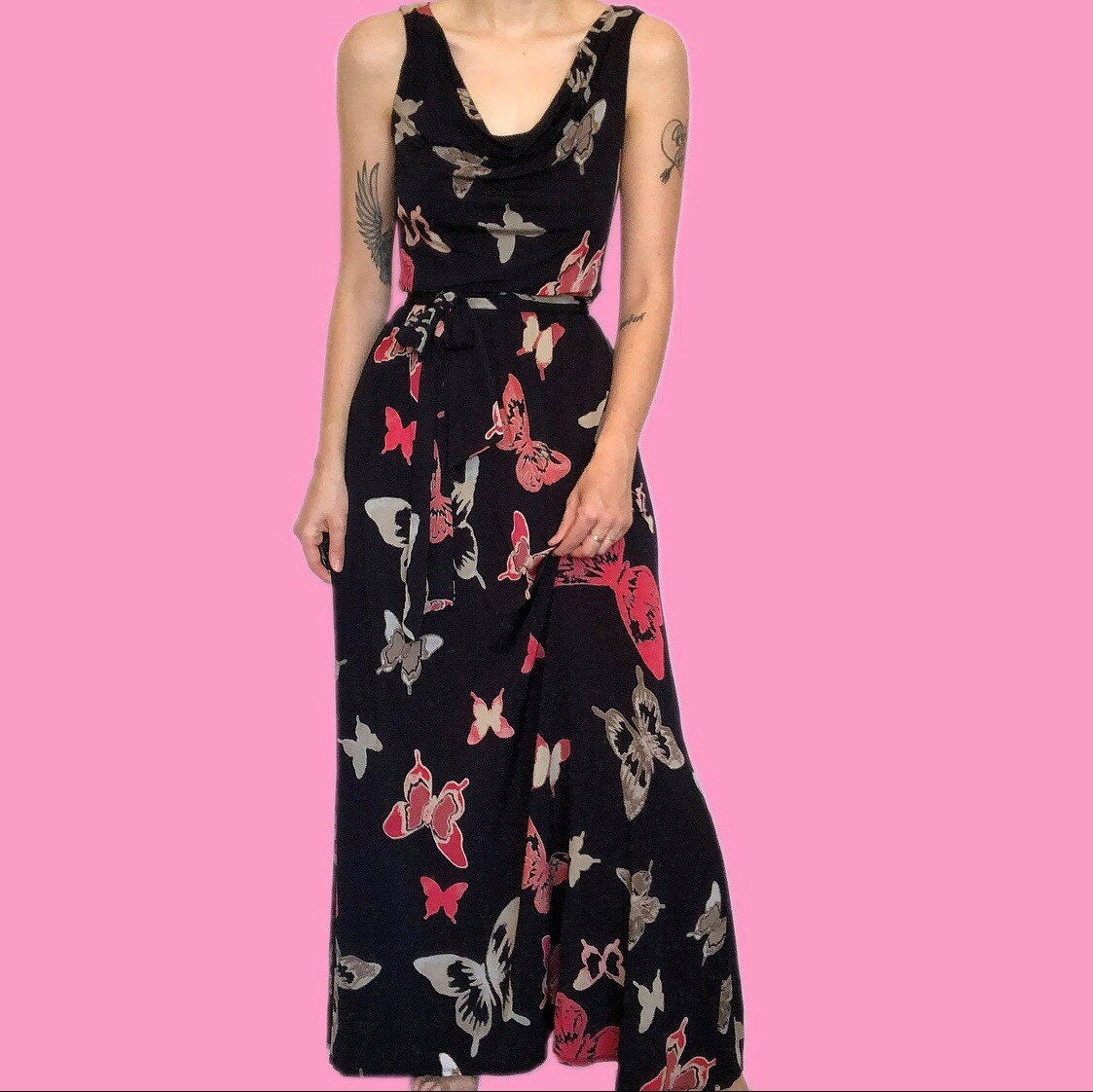 Beautiful Laura Ashley butterfly print stretch maxi evening prom dress UK 10 EU 38