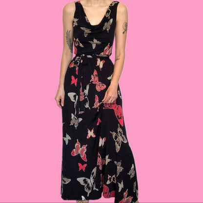 Beautiful Laura Ashley butterfly print stretch maxi evening prom dress UK 10 EU 38