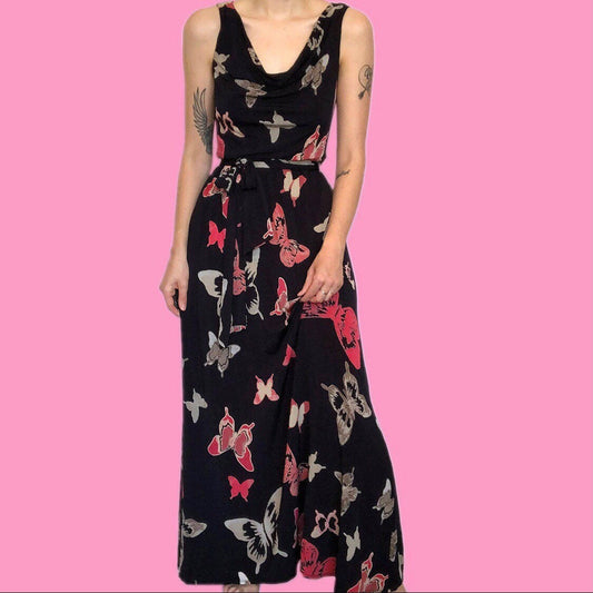 Beautiful Laura Ashley butterfly print stretch maxi evening prom dress UK 10 EU 38