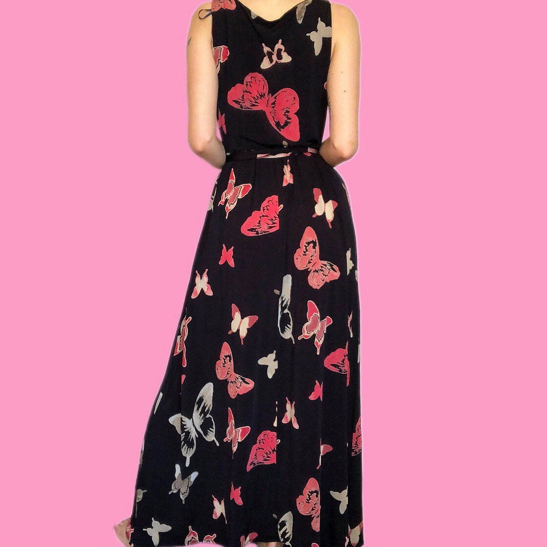 Beautiful Laura Ashley butterfly print stretch maxi evening prom dress UK 10 EU 38