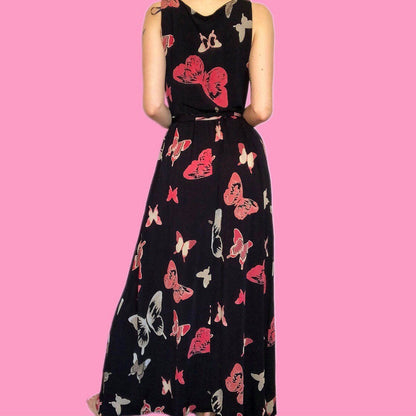 Beautiful Laura Ashley butterfly print stretch maxi evening prom dress UK 10 EU 38