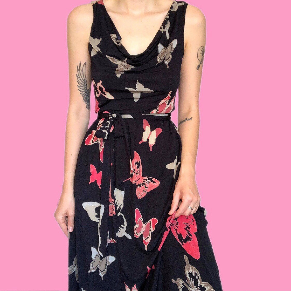 Beautiful Laura Ashley butterfly print stretch maxi evening prom dress UK 10 EU 38