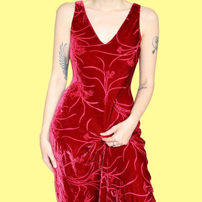 Stunning vintage red velvet floral maxi evening dress UK 12 EU 40