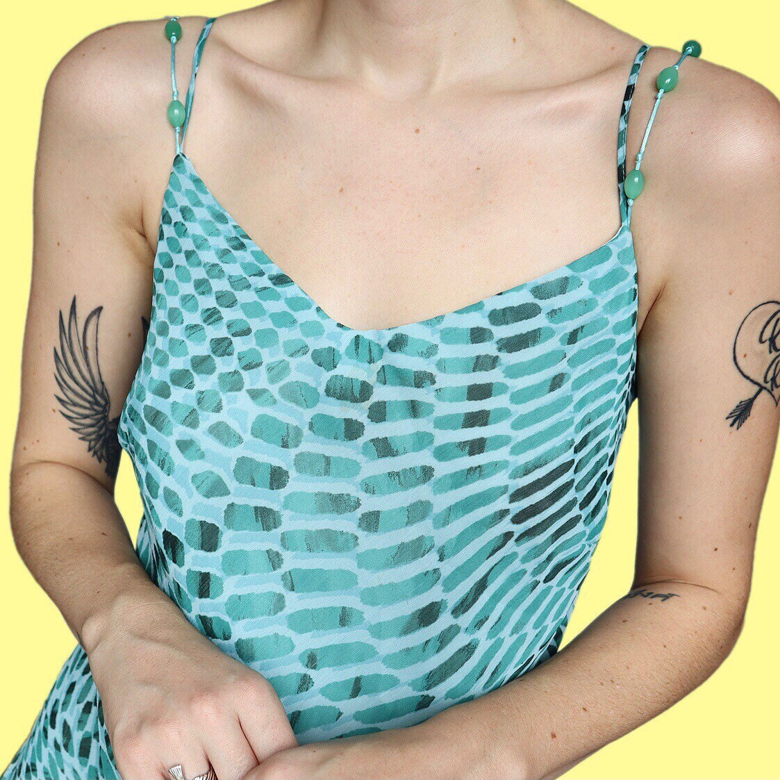 Beautiful teal funky print chiffon slip evening dress UK 16