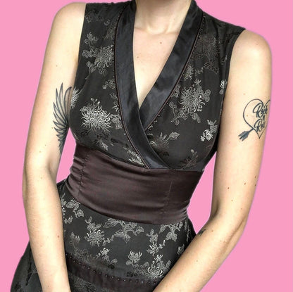 Beautiful vintage silk blend grey floral 2 piece top/skirt set UK 10