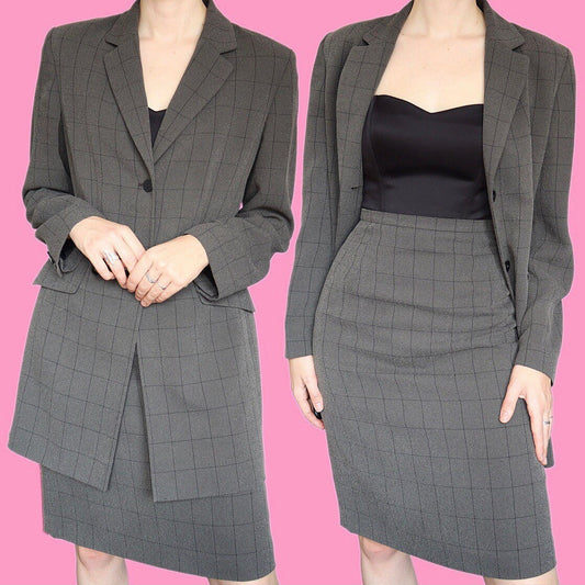 Beautiful vintage grey check 2 piece skirt suit UK 12