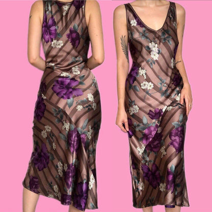Stunning Monsoon 100% silk stripey floral print midi slip dress UK 14 EU 42