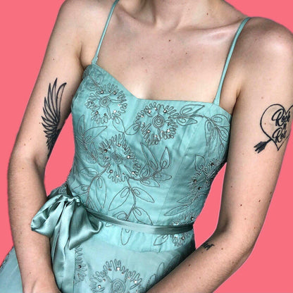 Stunning powder turquoise 100% silk evening prom midi dress UK 16