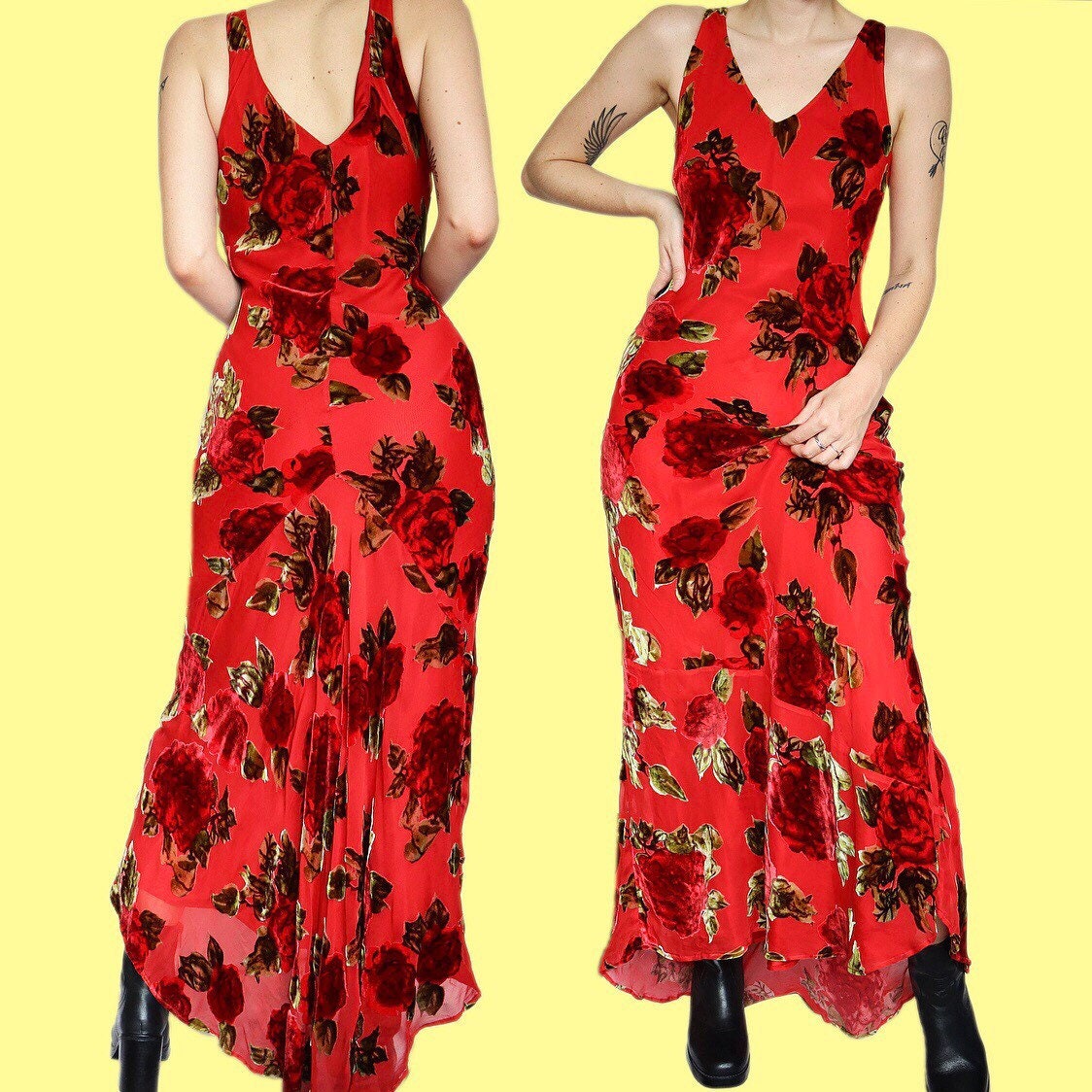 Beautiful silk blend red velvet floral evening dress UK 12