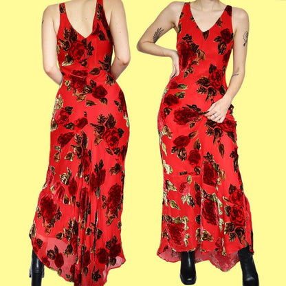 Beautiful silk blend red velvet floral evening dress UK 12