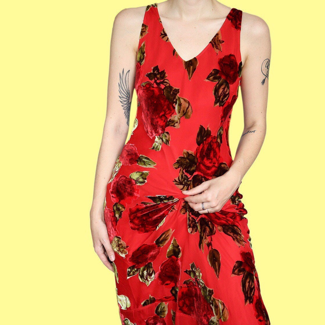 Beautiful silk blend red velvet floral evening dress UK 12