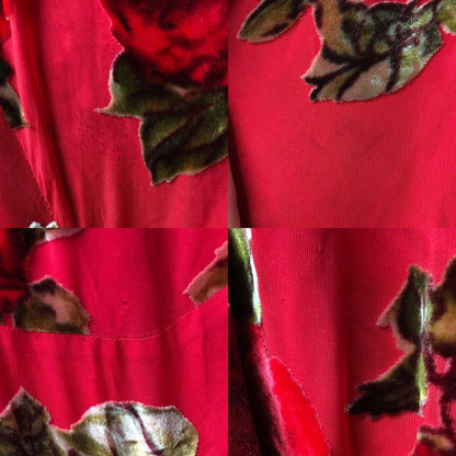Beautiful silk blend red velvet floral evening dress UK 12