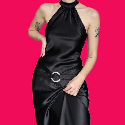 Beautiful silky black high neck diamanté evening prom dress UK 10