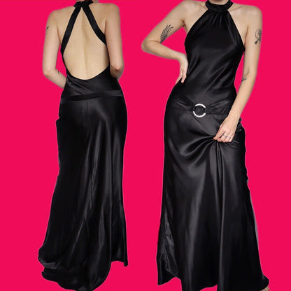 Beautiful silky black high neck diamanté evening prom dress UK 10