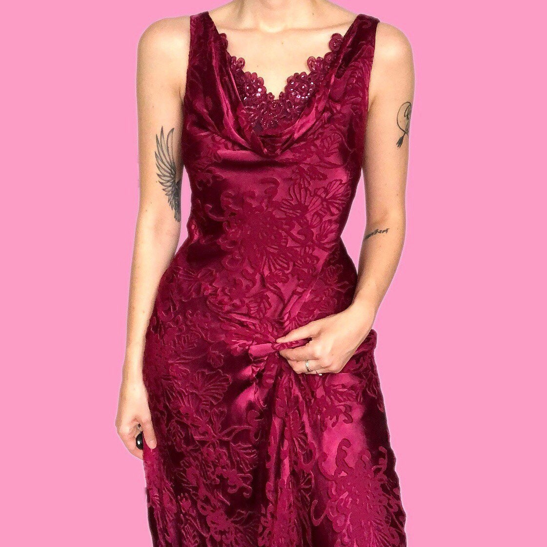 Beautiful vintage Laura Ashley silk blend raspberry floral slip evening dress UK 12