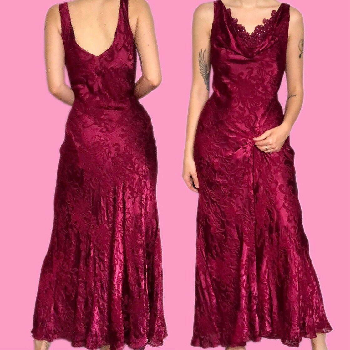 Beautiful vintage Laura Ashley silk blend raspberry floral slip evening dress UK 12