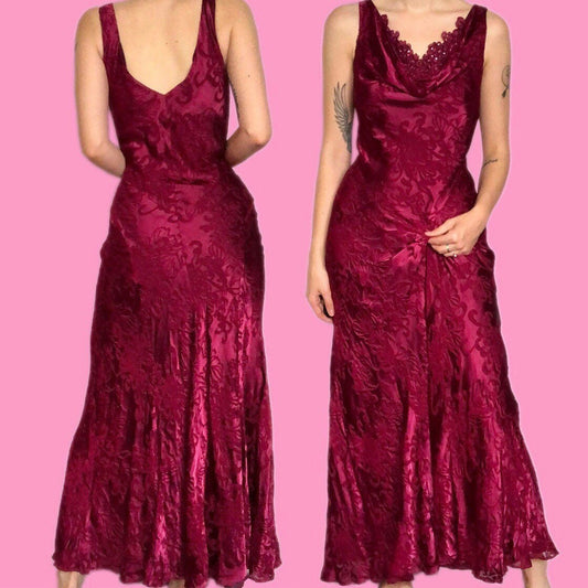 Beautiful vintage Laura Ashley silk blend raspberry floral slip evening dress UK 12