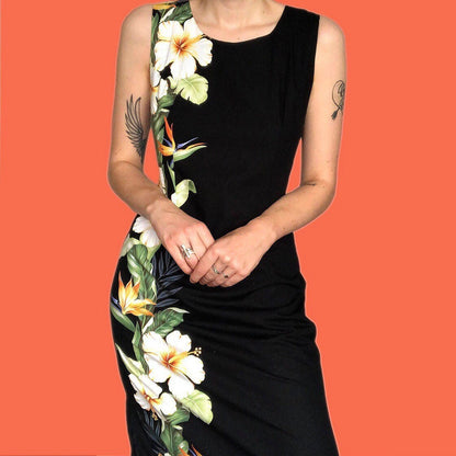 Beautiful tropical floral 100% cotton black maxi dress UK L