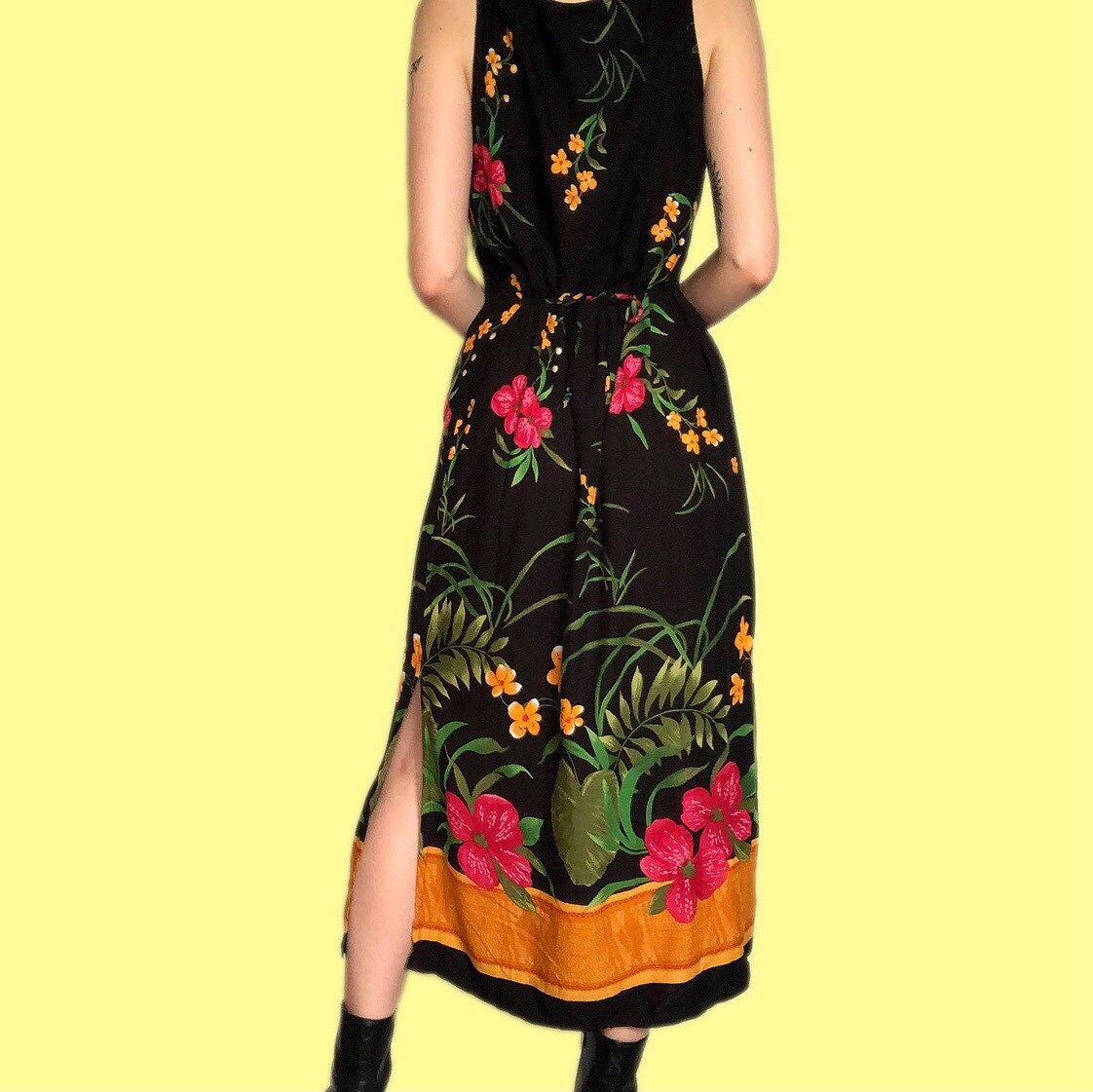 Beautiful vintage black floral print summer maxi dress UK L