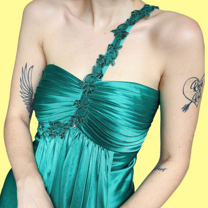 Beautiful silky green one strap stretch evening prom dress UK 10