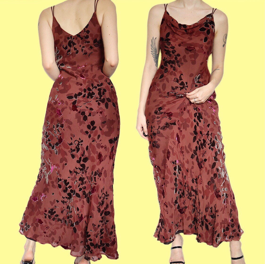 Stunning silk blend brown leafy print slip evening dress UK 14